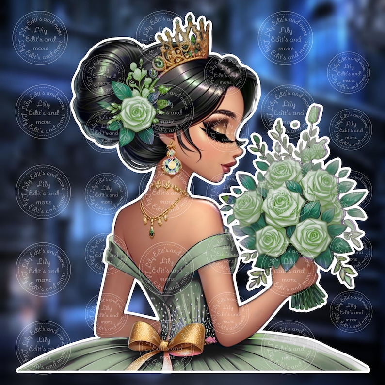 Op de afbeelding: Digitale illustratie van een vrouw in een groene jurk die een boeket groene rozen vasthoudt. Ze draagt een gouden kroon, oorbellen en een ketting. Haar donkere haar is opgestoken met groene bloemaccenten. De afbeelding heeft een donkerblauwe achtergrond.