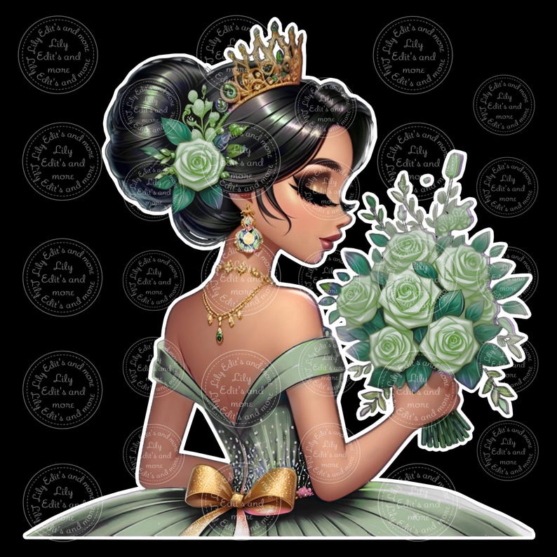 Op de afbeelding: Digitale illustratie van een vrouw in een groene jurk, met een boeket groene rozen. Ze draagt een gouden kroon, oorbellen en een ketting. De afbeelding heeft een zwarte achtergrond met de tekst "Lily Edit's and more" herhaald rond de randen.