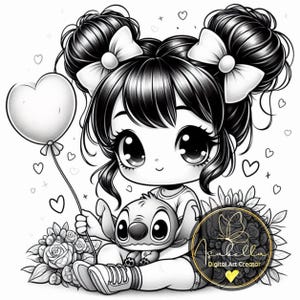 Pack de 10 papiers à colorier numériques de fille avec Stitch