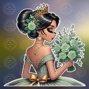 Op de afbeelding: Digitale illustratie van een vrouw in een groene jurk, met een boeket groene rozen. Ze draagt een gouden kroon, oorbellen en een ketting. Haar haar is opgestoken met groene bloemaccenten. De afbeelding heeft een zachte, dromerige uitstraling.