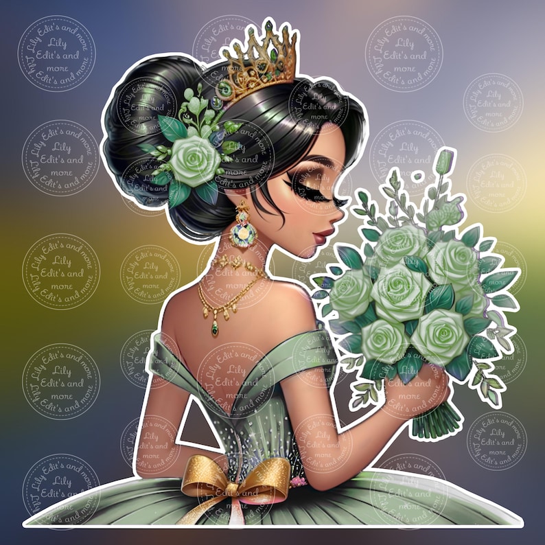 Op de afbeelding: Digitale illustratie van een vrouw in een groene jurk, met een boeket groene rozen. Ze draagt een gouden kroon, oorbellen en een ketting. Haar haar is opgestoken met groene bloemaccenten. De afbeelding heeft een zachte, dromerige uitstraling.