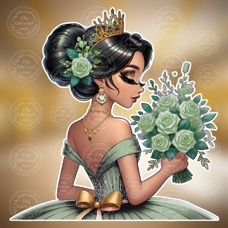 Op de afbeelding: Digitale illustratie van een vrouw in een groene jurk, met een boeket groene rozen. Ze draagt een gouden kroon, oorbellen en een ketting. Haar haar is opgestoken in een knot met een groene bloem. De tekst "Lily Edit's and more" staat eromheen.