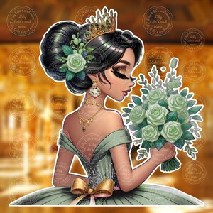 Op de afbeelding: Digitale illustratie van een vrouw in een groene jurk, met een boeket groene rozen. Ze draagt een gouden kroon, oorbellen en een ketting. De afbeelding heeft een zachte, elegante uitstraling, met de tekst "Lily Edit's and more".