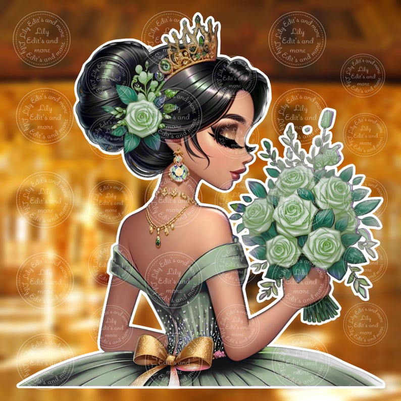 Op de afbeelding: Digitale illustratie van een vrouw in een groene jurk, met een boeket groene rozen. Ze draagt een gouden kroon, oorbellen en een ketting. De afbeelding heeft een zachte, elegante uitstraling, met de tekst "Lily Edit's and more".