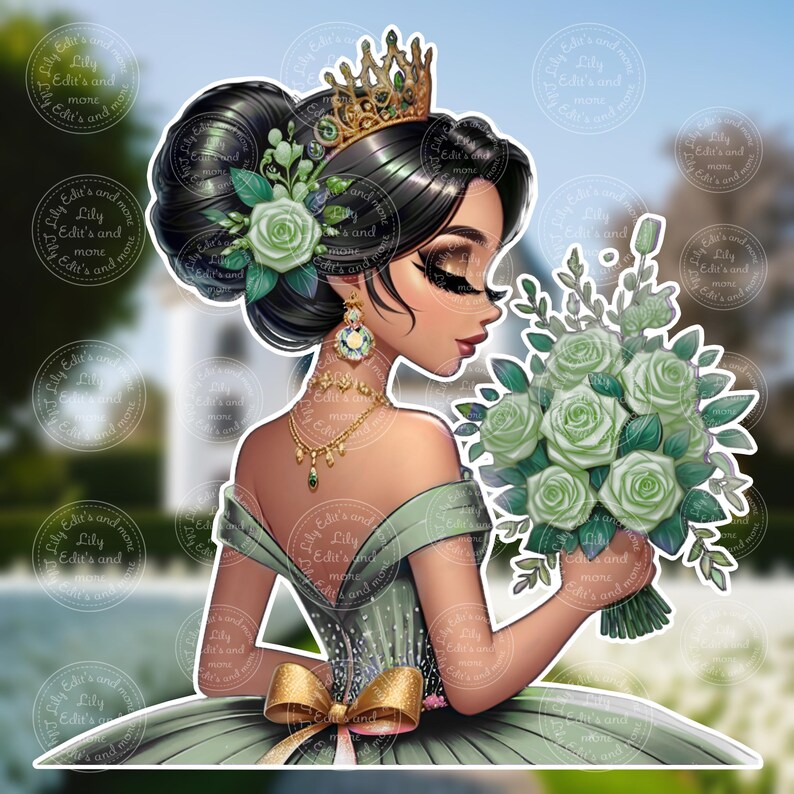 Op de afbeelding: Digitale illustratie van een vrouw in een groene jurk die een boeket groene rozen vasthoudt. Ze draagt een gouden kroon, oorbellen en een ketting. Haar haar is opgestoken met groene bloemaccenten. De afbeelding heeft een zachte, dromerige uitstraling.