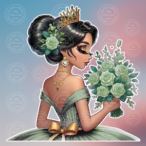以下が含まれることがあります： 緑色のガウンを着た王女のイラスト。緑色のバラのブーケを持っています。彼女は金の王冠、イヤリング、ネックレスを身に着けています。彼女の黒い髪は、花のアクセントでアップスタイルにされています。背景はソフトグラデーションです。