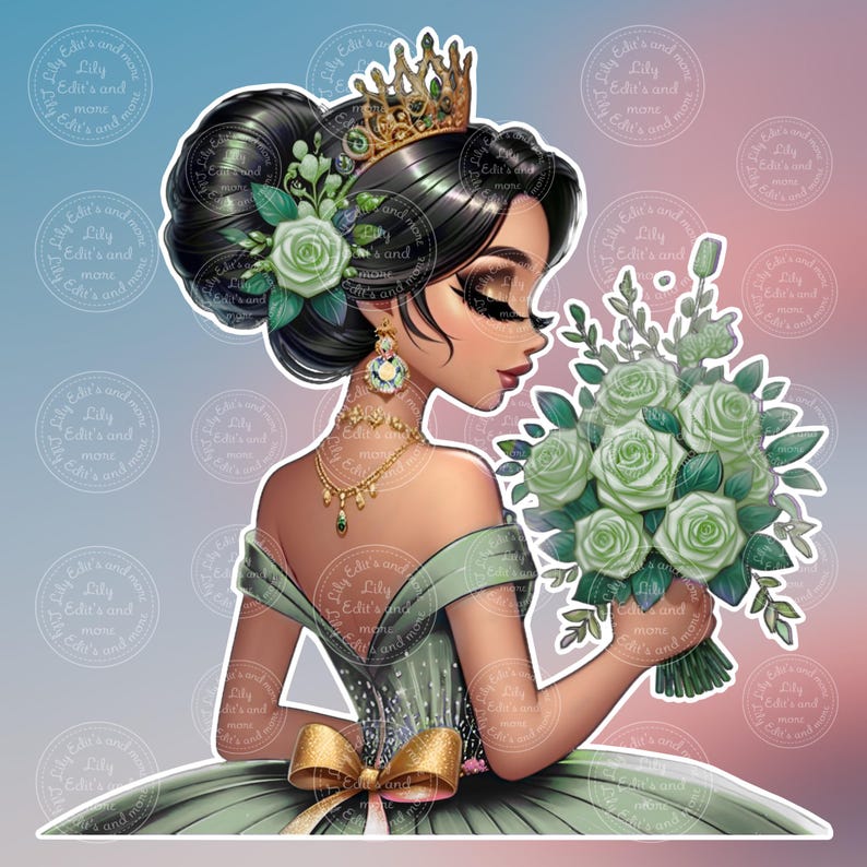 Op de afbeelding: Illustratie van een prinses in een groene jurk, met een boeket groene rozen. Ze draagt een gouden kroon, oorbellen en een ketting. Haar donkere haar is opgestoken met bloemaccenten. De achtergrond heeft een zachte gradi&euml;nt.
