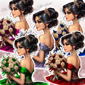 Puede incluir: Cuatro ilustraciones digitales de mujeres con vestidos de diferentes colores sosteniendo ramos de flores. Cada mujer tiene el pelo oscuro, una corona y un collar de joyas. Los ramos son rojo, blanco y verde, azul y blanco, y blanco y verde.