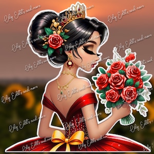 May include: A digital illustration of a woman wearing a red dress and a gold crown. She is holding a bouquet of red roses. The background is a sunset.