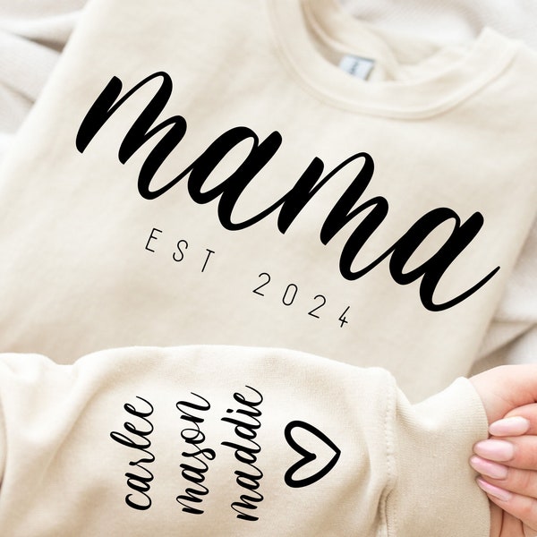 Mama EST 2024 PNG SVG, lettertype inbegrepen, personaliseer namen op mouw, Diy bundel om jaar te veranderen Mama Tshirt Sweatshirt Png Svg, minimalistische Svg