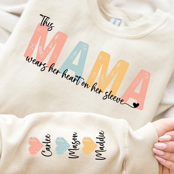 This Mama Wears Her Heart on Her Sleeve PNG SVG with Customizable Font - Personalized Sleeve Design, Motherhood Apparel, 8 Color Patterns