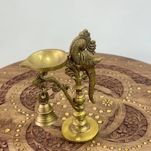 Traditional Brass Diya with Bell | Handcrafted Oil Lamp with Peacock Design | Pooja Decor