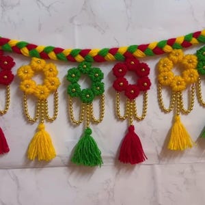 Toran | Handmade Yarn Floral Toran | Pom Pom Tassel Door Hanging | Indian Wall Decor for Diwali | Navratri | Pooja | Festivals