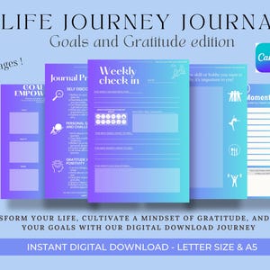Puede incluir: Un diario digital imprimible con un fondo degradado de morado y azul. El diario se titula "Life Journey Journal: Goals and Gratitude Edition" y presenta un logotipo de Canva. El diario está diseñado para ayudar a los usuarios a establecer objetivos, realizar un seguimiento del progreso y cultivar la gratitud.