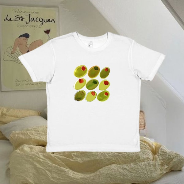 Olive Graphic Baby Tee, Stuffed Olives Painting T-Shirt, Printed fitted top, Y2K style, Quirky 90's Fashion