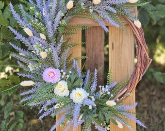 Lavendelkrans in landelijke stijl | Hoogwaardige kunstbloemen en natuurlijke tarwehalmen