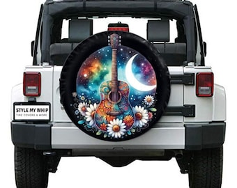 Boho Hippie Guitar Celestial Moon Flowers Peace Retro Spare Tire Cover With Optional Camera Cutout