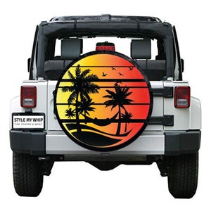 Retro beach sunset palm trees hammock spare tire cover with or without camera hole