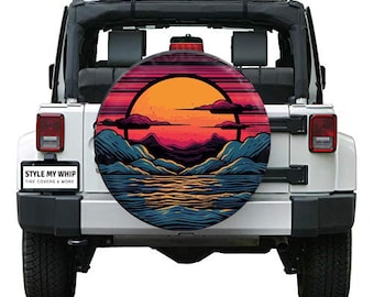 Sunset palm trees mountains nature colorful spare tire cover with or without camera cutout