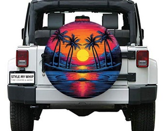 Palm trees, sunset, colorful, vibrant, beach, tropical spare tire cover available with or without camera cutout