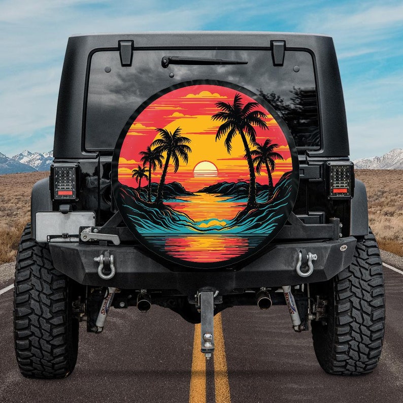 Sunset Palm Trees Tropical Spare Tire Cover With or Without Camera Hole image 7