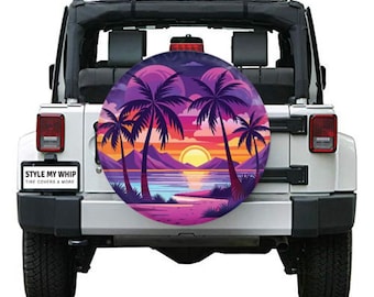 May include: A white Jeep with a spare tire cover featuring a tropical sunset scene. The cover displays palm trees, mountains, and a vibrant sunset in shades of purple, orange, and pink. The text "STYLE MY WHIP" is visible on the license plate.