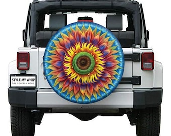 Colorful Tie dye print sunflower flower spare tire cover available with camera cutout