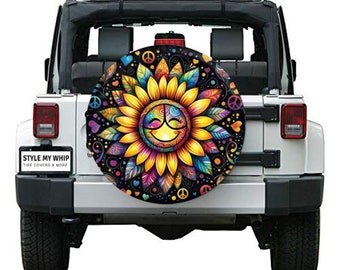 Boho Retro Hippie Happy Face Sunflower Spare Tire Cover With Optional Camera Cutout