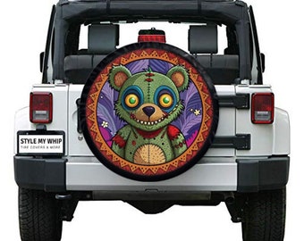 Creepy zombie Teddy Bear spare tire cover with optional camera cutout