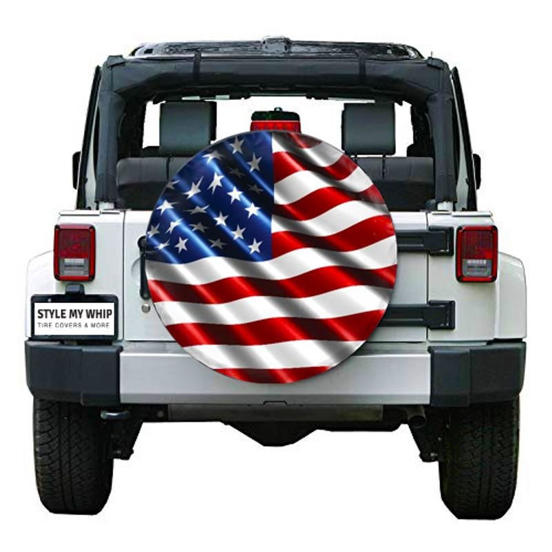 Patriotic Waving Flag USA spare tire cover available with or without camera cutout
