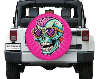 Pink skull punk girl female goth heart spare tire cover with optional camera cutout