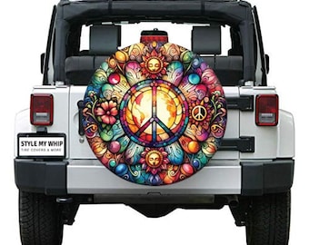 Boho Hippie Colorful Faux Stained Glass Spare Tire Cover With Or Without Camera Cutout