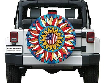 Patriotic sunflower stars and stripes spare tire cover available with camera hole