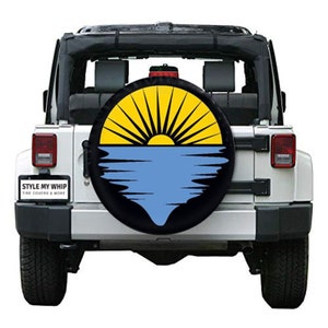 Sun and water sunset spare tire cover available with or without camera cutout