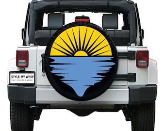 Sun and water sunset spare tire cover available with or without camera cutout