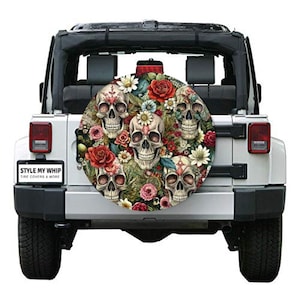Skulls and flowers gothic goth spare tire cover with optional camera cutout