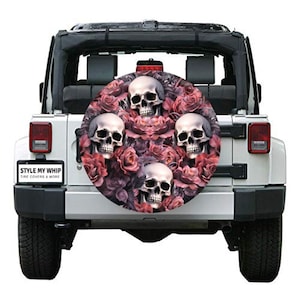 Skulls and roses skeleton goth gothic spare tire cover with optional camera hole