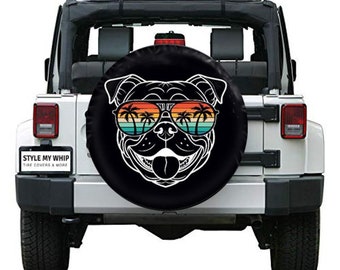English bulldog dog with palm tree glasses beach tropical spare tire cover optional camera hole