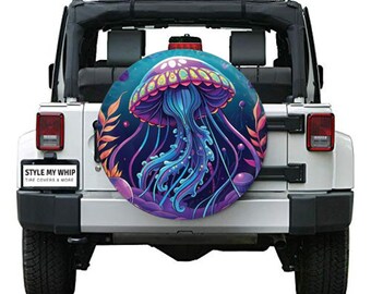 Colorful jellyfish boho ocean sea spare tire cover with optional camera cutout