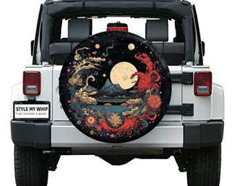 Celestial moons, sea and mountains boho chic spiritual spare tire cover with or without camera hole