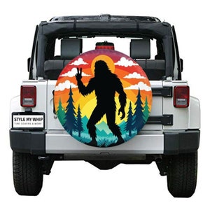 Bigfoot sasquatch peace sunset mountains spare tire cover camera cutout option