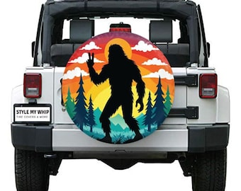 Bigfoot sasquatch peace sunset mountains spare tire cover camera cutout option