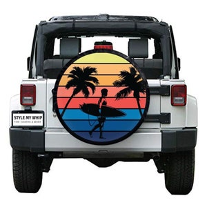 Retro surfer beach sunset graphic spare tire cover with or without camera hole
