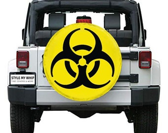 Biohazard icon yellow zombie spare tire cover with optional camera cutout