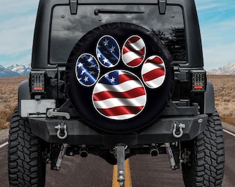 Animal paw print, American flag, Dog, cat, pet, spare tire cover with or without camera cutout
