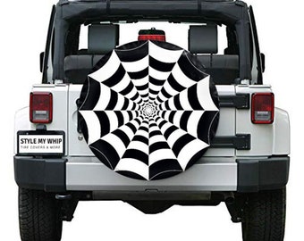 Checkerboard spiderweb design spare tire cover optional camera cutout spider web