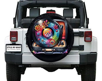 Retro hippie record player audiophile vinyl album boho spare tire cover with optional camera hole