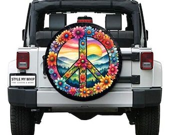 Boho Retro Hippie Floral Peace Sign Colorful spare tire cover avalable with or without camera cutout