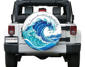 Ocean wave on white tire cover, Blue waves, White spare tire cover available with camera cutout
