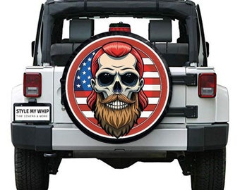 Skull with beard patriotic America spare tire cover with available camera cutout
